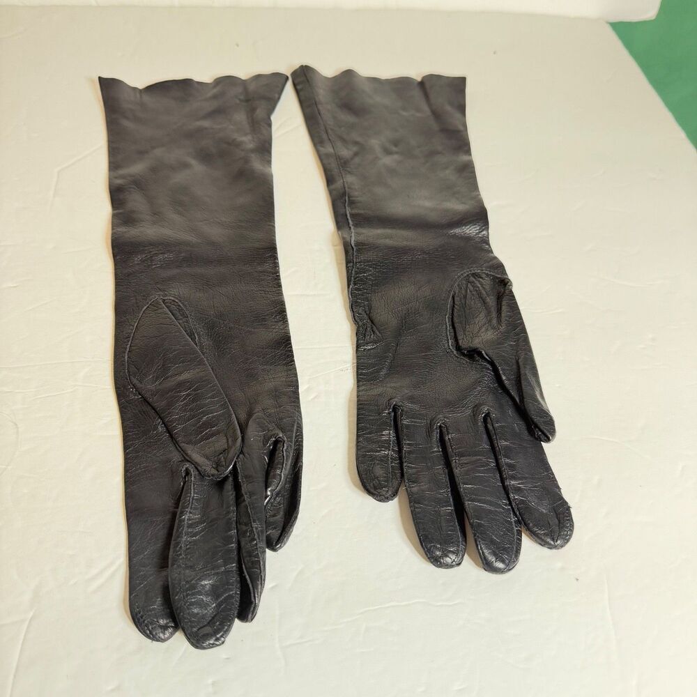 Vintage Kayser Black Leather Opera Gloves Italy Unlined Soft Leather Long 13"